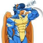 abs anthro biceps blue_hair bodysuit butt clothed clothing crossed_arms deltoids feathered_wings feathers fur gesture hair male military muscular muscular_anthro muscular_male one_piece_suit orange_body orange_fur pecs salute skinsuit soldier solo superhero superhero_costume teasing tight_clothing trapezius triceps warrior wings wonderbolts_uniform ponyanony friendship_is_magic hasbro my_little_pony mythology lightning_rider equid equine horse mammal mythological_creature mythological_equine pegasus pony hi_res
