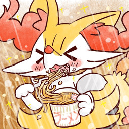 >o< ambiguous_anthro ambiguous_gender anthro biped blush container cup eating eating_food eyes_closed food front_view holding_container holding_cup holding_fork holding_object noodles object_in_tail open_:3 open_mouth open_smile ramen shrimp_(food) smile snout solo sparkles standing tail text annyui0611 nintendo pokemon braixen canid generation_6_pokemon mammal pokemon_(species) 1:1 2022 digital_drawing_(artwork) digital_media_(artwork) half-length_portrait japanese_description japanese_text portrait translated translated_description