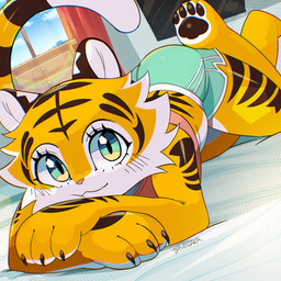 anthro biped bottomwear claws clothed clothing dolphin_shorts eyelashes female fur pawpads shorts solo striped_body striped_fur stripes tail young drawligator aura_(drawligator) felid mammal pantherine tiger 1:1 2025 hi_res