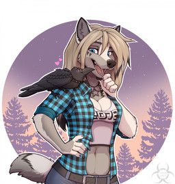 5_fingers anthro belt blonde_hair blue_eyes bottomwear breasts clothed clothed_anthro clothed_female clothing crop_top denim denim_bottomwear denim_clothing female fingers forest forest_background fully_clothed fully_clothed_anthro fully_clothed_female fur grey_body grey_fur grey_tail hair jeans midriff nature nature_background navel open_clothing open_shirt open_topwear outside pants pattern_clothing pattern_shirt pattern_topwear plaid plaid_clothing plaid_shirt plaid_topwear plant shirt smile tail topwear tree white_body white_fur white_tail tashalisets koul_fardreamer avian bird canid canine canis corvid corvus_(genus) crow mammal oscine passerine wolf 2026 hi_res