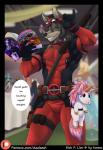 anthro belt book brown_eyes clothing convention costume fur grey_body grey_fur horn male plushie reading solo text weapon azaleesh marvel mythology deadpool rick_p.llov canid canine canis equid equine mammal mythological_creature mythological_equine unicorn wolf english_text hi_res url