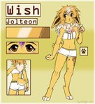 anthro birthmark blonde_hair blush blush_lines bottomwear bra breasts brown_eyes butt clothing color_swatch eyebrow_through_hair eyebrows eyelashes female floppy_ears forehead_gem fur gem hair markings navel pants pawpads paws scar simple_background small_breasts solo tail tattoo text translucent translucent_hair underwear yellow_body yellow_fur cajunfoxnight nintendo pokemon wish_(cajunfoxnight) eeveelution generation_1_pokemon jolteon pokemon_(species) 2024 character_name dated english_text model_sheet signature species_name trans_(lore) trans_man_(lore)