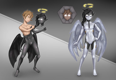 anthro black_body black_clothing black_latex black_suit brown_hair clothing dragon_wings gender_transformation glowing glowing_eyes hair latex latex_clothing latex_skinsuit latex_transformation male mask mask_transformation mti_transformation ring skinsuit solo suit tight_clothing transformation wearing_mask white_body white_clothing white_mask white_suit wings yellow_eyes materialcoin angel demon human mammal hi_res