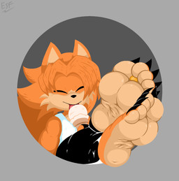 5_toes anthro bottomwear clothing countershade_feet countershading crossed_legs dessert digit_ring feet feet_up food foot_focus fur humanoid_feet ice_cream jewelry male orange_body orange_fur pants plantigrade ring shirt soles solo tan_body tan_fur toe_ring toes topwear electricsnowfox canid canine fox mammal hi_res