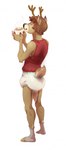 anthro antlers biped brown_body brown_fur brown_hair clean_diaper clothed clothing container cup diaper footwear fur hair horn male rear_view shirt short_hair simple_background smoke socks solo standing tank_top topwear wearing_diaper white_background daire301 deer mammal hi_res