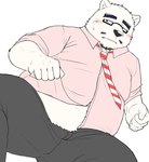 anthro beard black_nose blush bottomwear clothing eyewear facial_hair glasses goatee humanoid_hands kemono male mustache overweight overweight_male pants shirt solo topwear nikukyu299paw bear mammal 2024 hi_res