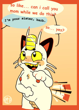 animal_genitalia anthro balls blush blush_lines bodily_fluids braces breasts chest_tuft dialogue fully_sheathed genitals gynomorph imminent_sex intersex nipples offscreen_character onomatopoeia puffy_nipples sharp_teeth sheath simple_background small_breasts solo sound_effects speech_bubble sweat tail tail_motion tailwag teeth text tuft yellow_eyes beanwater nintendo pokemon generation_1_pokemon meowth pokemon_(species) absurd_res english_text hi_res incest_(lore) sibling_(lore) sister_(lore) sisters_(lore) trans_(lore) trans_woman_(lore)