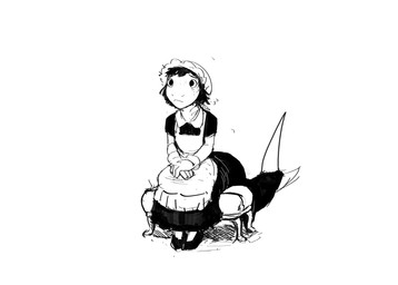 anthro clothing concern female gloves handwear maid_uniform sitting solo uniform hladilnik lonely_shark_(hladilnik) aquatic fish shark 2026 black_and_white hi_res monochrome