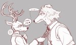 adam's_apple anthro antlers bodily_fluids chain chain_leash clothed clothing dialogue duo horn leash leash_pull male necktie speech_bubble swallowing sweat text bonybonesss beastars louis_pulling_legoshi legoshi_(beastars) louis_(beastars) canid canine canis cervine deer mammal red_deer wolf 5:3 english_text hi_res redraw signature sketch