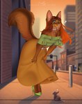 anthro bell bell_collar bottomwear building city clothing collar female footwear heart_symbol high_heels outside question_mark shoes skirt street evehly eleanor_(evehly) domestic_cat felid feline felis mammal mouse murid murine rodent somali_cat 2022