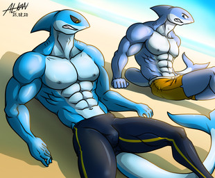 abs anthro beach blue_body blue_eyes bottomwear clothed clothing duo lying lying_on_ground male male/male multicolored_body muscular muscular_anthro muscular_male navel nipples on_ground pecs swimwear swimwear_only topless topless_anthro topless_male two_tone_body yellow_eyes alkan kashiver teron_(alkan) aquatic fish shark absurd_res hi_res