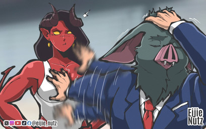 accessory anthro bat_nose big_breasts big_ears black_body black_hair black_tie_(suit) bodily_fluids breasts clothing duo ear_piercing ear_ring emanata empty_eyes eyes_closed fangs female floppy_ears fur grey_body grey_fur hair hand_on_head hands_on_hips holding_breast horn humanoid_pointy_ears long_hair looking_at_another male motion_blur motion_lines muscular muscular_female necktie piercing pointed_tail pointy_ears red_body red_skin ring_piercing shirt suit sweat sweatdrop tank_top teeth topwear yellow_eyes eijie_nutz naoya_hair_flip malevola_gibb sonar_(dispatch) bat demon humanoid mammal digital_drawing_(artwork) digital_media_(artwork) hi_res