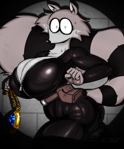 anthro big_breasts bodily_fluids breasts clothing curvy_figure female fluffy fluffy_tail hourglass_figure jewelry looking_at_viewer necklace solo spotlight sweat tail tight_clothing thewill uva_the_raccoon mammal procyonid raccoon hi_res