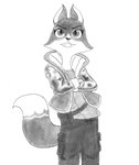 anthro belt bottomwear bound clothed clothing crossed_arms female fully_clothed jacket looking_up multicolored_body pants simple_background solo topwear two_tone_body white_background efradraws arctic_dogs jade_(arctic_dogs) canid canine fox mammal 2019 absurd_res artist_name digital_drawing_(artwork) digital_media_(artwork) hi_res monochrome