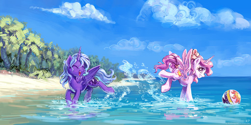 ball beach blue_hair cloud cutie_mark detailed_background duo eyes_closed feathered_wings feathers female feral hair horn moon outside pink_hair plant playing purple_eyes sand sea seaside sky sun tree water wings karol_pawlinski friendship_is_magic hasbro my_little_pony mythology princess_celestia_(mlp) princess_luna_(mlp) equid equine mammal mythological_creature mythological_equine winged_unicorn 2013 2:1 hi_res