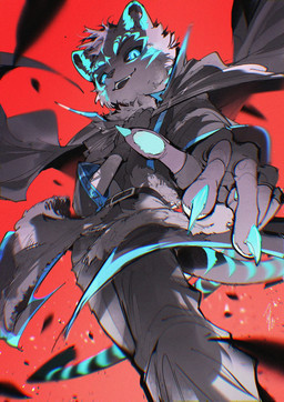 5_fingers anthro belt_buckle biped black_bottomwear black_cape black_clothing black_fingerless_gloves black_gloves black_handwear black_pants black_sclera black_topwear blue_body blue_claws blue_clothing blue_eyes blue_fur blue_markings blue_pawpads blue_pupils blue_stripes blue_topwear bottomwear buckle cape claws clothed clothed_anthro clothed_male clothing eye_markings facial_markings finger_claws fingerless_gloves fingers forehead_markings foreshortening front_view fully_clothed fully_clothed_anthro fully_clothed_male fur gloves glowing glowing_body glowing_fur glowing_stripes grey_body grey_fur hair handwear head_markings holding_clothing holding_object looking_at_viewer looking_down looking_down_at_viewer low-angle_view male markings neck_tuft open_mouth open_smile pants pawpads pupils red_background ringed_iris simple_background slit_pupils smile smiling_at_viewer snout solo striped_markings striped_tail stripes tail tail_markings topwear tuft chiayeeee felid mammal 2026 chromatic_aberration colored digital_drawing_(artwork) digital_media_(artwork) hi_res portrait signature three-quarter_portrait