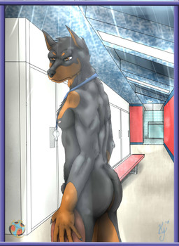 5_fingers animal_genitalia anthro athletic athletic_anthro athletic_male biped black_body black_fur black_nose brown_body brown_eyes brown_fur butt claws fingers fur genitals gloves_(marking) locker locker_room looking_at_viewer looking_back male markings multicolored_body multicolored_fur nipples nude pink_nipples pointy_ears pose prick_ears sheath side_view solo sport standing two_tone_body two_tone_fur whistle_(object) klynolder canid canine canis dobermann domestic_dog mammal pinscher absurd_res hi_res pinup