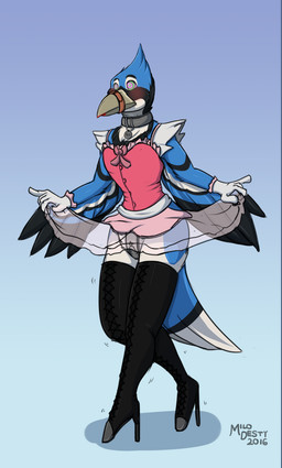 andromorph anthro beak biped bottomwear chastity_belt chastity_device clothed clothing collar collar_tag crossdressing furgonomics hypnosis intersex metal_chastity_belt mind_control muzzle_(object) muzzled simple_background skirt solo tail tail_through_skirt wings yonic_chastity_device milodesty nebay avian bird blue_jay corvid jay_(bird) new_world_jay oscine passerine 2016 dated digital_drawing_(artwork) digital_media_(artwork) hi_res signature story story_in_description