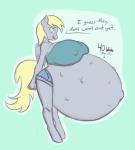 anthro anthrofied belly big_belly big_breasts bottomwear breasts clothed clothing female fetal_movement hotpants huge_breasts hyper hyper_pregnancy pregnant pregnant_anthro pregnant_female shorts solo text forfun41 friendship_is_magic hasbro my_little_pony derpy_hooves_(mlp) english_text hi_res