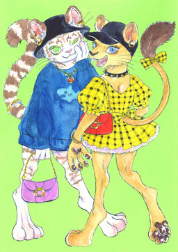accessory alternative_fashion anthro blue_eyes bow_ribbon clothed clothing collar dress duo ear_piercing female furgonomics green_background green_eyes hat headgear headwear jewelry leucistic looking_at_viewer necklace pawpads piercing purse ribbons ring simple_background stripes sweater tail tail_accessory tail_bow tail_ribbon topwear kyokyota felid feline felis lion mammal pantherine tiger 2023 hi_res traditional_media_(artwork)