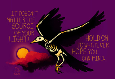 ambiguous_gender bird_skull black_body black_feathers bone cloud feathers feral positive_message purple_background simple_background skeleton solo sun tail tail_feathers text wings the_latest_kate avian bird english_text signature