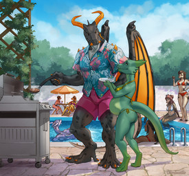 4_toes 5_fingers 5_toes anthro belly bikini bottomwear butt clothing cooking duo_focus feet female fingers food gold_bikini green_body grill group horn looking_at_another male pregnant pregnant_female shirt shorts sitting size_difference standing swimming_pool swimwear toes topwear two-piece_swimsuit carduelis mythology juliah_gnash_(zaphoros) kiki_(zaphoros) moziqa_(zaphoros) noxara_(zaphoros) persephone_(zaphoros) serafini_(zaphoros) valerie_(zaphoros) zaphoros american_opossum canid canine domestic_pig dragon elf giraffe giraffid humanoid kobold mammal marsupial mythological_creature mythological_scalie reptile scalie suid suine sus_(pig) virginia_opossum hi_res