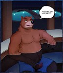 anthro bathing belly black_nose brown_body brown_fur clothing detailed_background erection fur genitals humanoid_genitalia humanoid_hands humanoid_penis male outside overweight overweight_male penis sitting solo swimwear text szremna password_(visual_novel) dean_(password) bear brown_bear mammal ursine 2021 absurd_res english_text hi_res