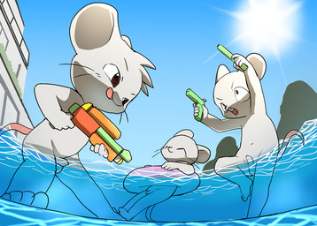 anthro balls dual_holding flaccid genitals group holding_object holding_toy holding_toy_gun holding_water_gun humanoid_genitalia humanoid_penis male male/male penis shota sky sun swimming_pool toy toy_gun trio water water_gun young young_anthro young_male manmosu_marimo mammal mouse murid murine rodent 2019