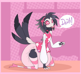 adolescent ageplay anthro big_diaper blush clean_diaper clothed clothing diaper female hair heart_eyes heart_symbol huge_diaper infantilism kneeling object_in_mouth pacifier pacifier_in_mouth roleplay solo tail text wearing_diaper young young_anthro young_female bubblepuppers hellaverse helluva_boss octavia_(helluva_boss) avian bird owl owl_demon digital_media_(artwork) english_text hi_res