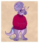 ambiguous_gender anthro bong drugs horn purple_body purple_skin red_eyes solo substance_intoxication sweatshirt cedarspiced ceratopsian dinosaur ornithischian prehistoric_species reptile scalie triceratops hi_res