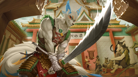 anthro armor black_nose blue_body blue_ears blue_fur cheek_tuft clothed clothing facial_tuft fur group handwear holding_object jewelry katana male markings melee_weapon multi_tail muscular muscular_anthro muscular_male necklace orange_body orange_fur solo_focus sword tail tuft weapon yellow_body yellow_fur refegi asian_mythology east_asian_mythology japanese_mythology mythology vulfe_(hackencraft) domestic_cat felid feline felis fox_spirit mammal 16:9 hi_res widescreen
