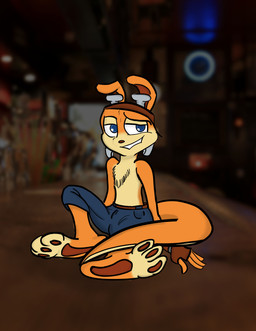 anthro blue_eyes bottomwear brown_nose brown_pawpads clothed clothing eyewear eyewear_on_head fingerless_gloves fur fur_tuft gloves goggles goggles_on_head hand_on_ground handwear male orange_body orange_fur pawpads paws shorts sitting smug smug_expression smug_face smug_grin solo teeth teeth_showing tuft arttatoe jak_and_daxter naughty_dog sony_corporation sony_interactive_entertainment daxter humanoid mammal mustelid ottsel absurd_res hi_res