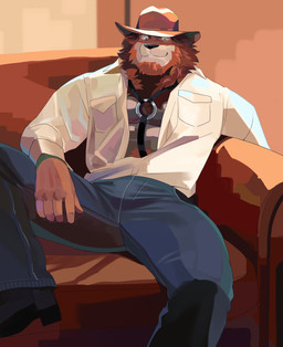 amber_eyes anthro beard bottomwear brown_hair clothed clothing cowboy_hat denim denim_bottomwear denim_clothing facial_hair footwear furniture hair harness hat headgear headwear inside jeans leather leather_harness looking_at_viewer male mane manly muscular on_sofa open_clothing open_shirt open_topwear pants pecs reclining relaxing shirt shoes sitting smile smiling_at_viewer sofa solo topwear naikuma felid lion mammal pantherine 2023 absurd_res hi_res