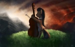 black_hair bow_(stringed_instrument) bowed_string_instrument cello cutie_mark detailed_background female feral grey_body hair high_place light light_beam mountain music musical_instrument outcrop outside sky solo string_instrument sunbeam sunlight sunrise tail moe_(artist) friendship_is_magic hasbro my_little_pony octavia_(mlp) earth_pony equid equine horse mammal pony 16:10 2011 hi_res wallpaper widescreen