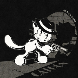 @_symbol anthro bow_tie clothing fedora fur gun hat headgear headwear holding_gun holding_object holding_ranged_weapon holding_weapon male mouth_closed pac-man_eyes ranged_weapon shadow text weapon whiskers white_body white_fur toonycryptid catoon_(toonycryptid) domestic_cat felid feline felis mammal 1:1 2026 artist_name character_name digital_drawing_(artwork) digital_media_(artwork) hi_res signature