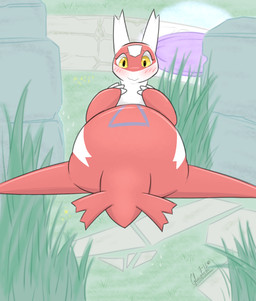 blush blush_lines female feral grass looking_at_viewer outside plant sidewalk smile solo yellow_eyes glacefrostbite nintendo pokemon pokemon_unite generation_3_pokemon latias legendary_pokemon pokemon_(species) absurd_res hi_res