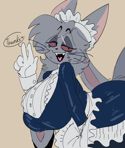 anthro apron big_breasts breasts button_(fastener) clothing female frilly frilly_clothing fur gloves grey_body grey_fur handwear heart_symbol huge_breasts long_ears maid_uniform red_sclera solo tail uniform whiskers dedoggyskullz jund_(smugjund) canid canine canis hybrid lagomorph leporid mammal rabbit wolf hi_res