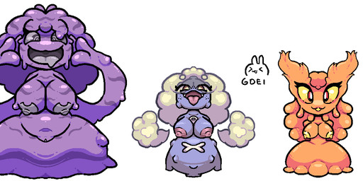 anthro bedroom_eyes big_breasts breasts eyes_closed female group hair narrowed_eyes open_mouth orange_body purple_body seductive small_breasts tongue tongue_out white_hair gdei nintendo pokemon generation_1_pokemon generation_2_pokemon generation_3_pokemon goo_creature grimer koffing pokemon_(species) slugma torkoal hi_res