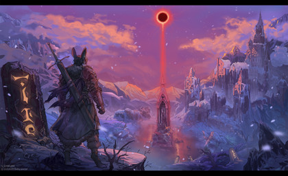 anthro castle clock clock_tower eclipse fur_coat male mountain rock runestone snow solo sun water miloff osiris_(ayosiris) lagomorph leporid mammal rabbit hi_res