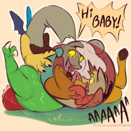 belly crossgender duo female feral funny_face humor mtf_crossgender navel navel_outline pregnant pregnant_female pregnant_feral text umbilical_cord yellow_sclera wildegems friendship_is_magic hasbro mlp_g5 my_little_pony mythology discord_(mlp) eris dragon mythological_creature mythological_scalie scalie 1:1 english_text