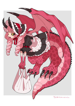 3_toes back_wings biped black_clothing black_sclera bonnet claws clothed clothing fangs feet female hair headgear headwear maid_uniform pink_hair pupils red_body red_tail red_wings simple_background slit_pupils solo tail teeth toe_claws toes uniform wings yellow_eyes atann_nnata mythology animal_humanoid dragon dragon_humanoid humanoid mythological_creature mythological_scalie scalie hi_res