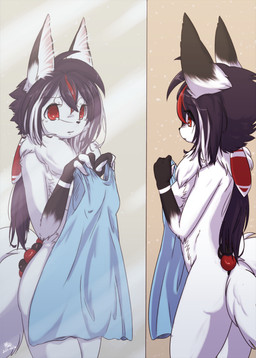 anthro big_ears black_hair clothing dress female hair holding_clothing holding_object long_hair looking_at_mirror looking_at_object mirror multi_tail nude red_eyes solo tail ingi mio_konno_(character) canid canine fox mammal hi_res source_request unavailable_at_source