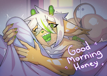 anthro bed bedroom_eyes big_butt bubble_butt bulge butt colored_nails detailed_bulge dragon_tail duo female furniture genital_outline glistening glistening_body green_eyes green_horn green_nails hair horn looking_at_viewer male male/female multicolored_body nails narrowed_eyes open_mouth penis_outline seductive text throbbing tight_panties uvula white_hair wings yellow_body tvmob mythology vicky_(tvmob) dragon mythological_creature mythological_scalie scalie absurd_res hi_res