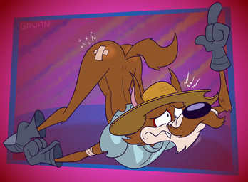 abstract_background anthro armor ass_up bandage bandage_on_butt black_nose bottomless brown_body brown_fur bruised bruised_eye butt clothed clothing cross-eyed facial_hair fangs fur glistening glistening_butt hat headgear headwear male mustache skinny solo teeth toony wounded gavanzude hanna-barbera the_adventures_of_don_coyote_and_sancho_panda don_coyote canid canine canis coyote mammal alternate_version_at_paywall digital_drawing_(artwork) digital_media_(artwork) hi_res signature
