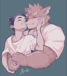 anthro blush cuddling duo embarrassed hug male male/male scar fuyoudo624 lifewonders tokyo_afterschool_summoners bandaid_protagonist_(tas) moritaka_(tas) protagonist_(tas) canid canine canis domestic_dog human mammal hi_res