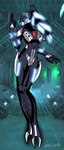 anthro black_body black_hair blue_eyes claws female glowing glowing_eyes glowing_markings hair looking_at_viewer machine markings not_furry ponytail silver_body solo standing nikku_lunatique roodaka robot vortixx absurd_res hi_res