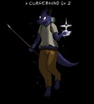 backpack beige_shirt black_horn bottomwear brown_bottomwear brown_clothing brown_pants clothing feet female floating glowing glowing_eyes glowing_hands horn magic melee_weapon pants polearm purple_body shirt simple_background singularity solo spear speckled_body tail text topwear transparent_background weapon white_eyes fogspot constellation_kobold kobold scalie alpha_channel english_text