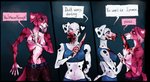 anthro blood blood_on_knife bodily_fluids breasts clothed clothing duo fangs female female/female gore knife knife_play macabre maniac pain pink_body scared teeth text topless white_body kolkolukija dottipink canid canine canis dalmatian domestic_dog mammal english_text hi_res