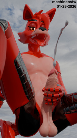 anthro balls black_nose bodily_fluids cum cum_from_penis cum_string cumshot ejaculation floating genital_fluids genitals humanoid_genitalia humanoid_penis looking_pleasured machine male masturbation metallic_body orange_eyes penis red_body sky smile solo teeth throbbing throbbing_penis tongue tongue_out machinensfw disembowell_(modeler) red-eye_(modeler) five_nights_at_freddy's scottgames foxy_(fnaf) animatronic canid canine fox mammal robot 3d_(artwork) 9:16 blender_(artwork) blender_cycles_(artwork) digital_media_(artwork) hi_res