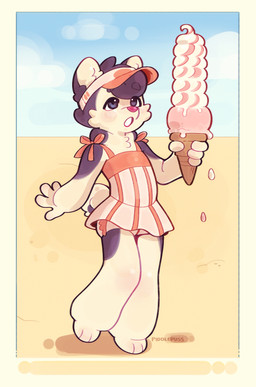 anthro beach biped black_body black_fur cheek_tuft clothed clothing countershade_face countershade_fur countershade_torso countershading dessert dress eyebrows facial_tuft female food front_view fur hat headgear headwear holding_food holding_ice_cream holding_object ice_cream inner_ear_fluff looking_at_food looking_at_object multicolored_body multicolored_fur open_mouth outside red_nose short_tail solo standing tail tuft two_tone_body two_tone_fur white_body white_countershading white_fur young young_anthro young_female piddlepuss melody_(piddlepuss) alaskan_malamute canid canine canis domestic_dog mammal nordic_sled_dog spitz 2026 absurd_res hi_res